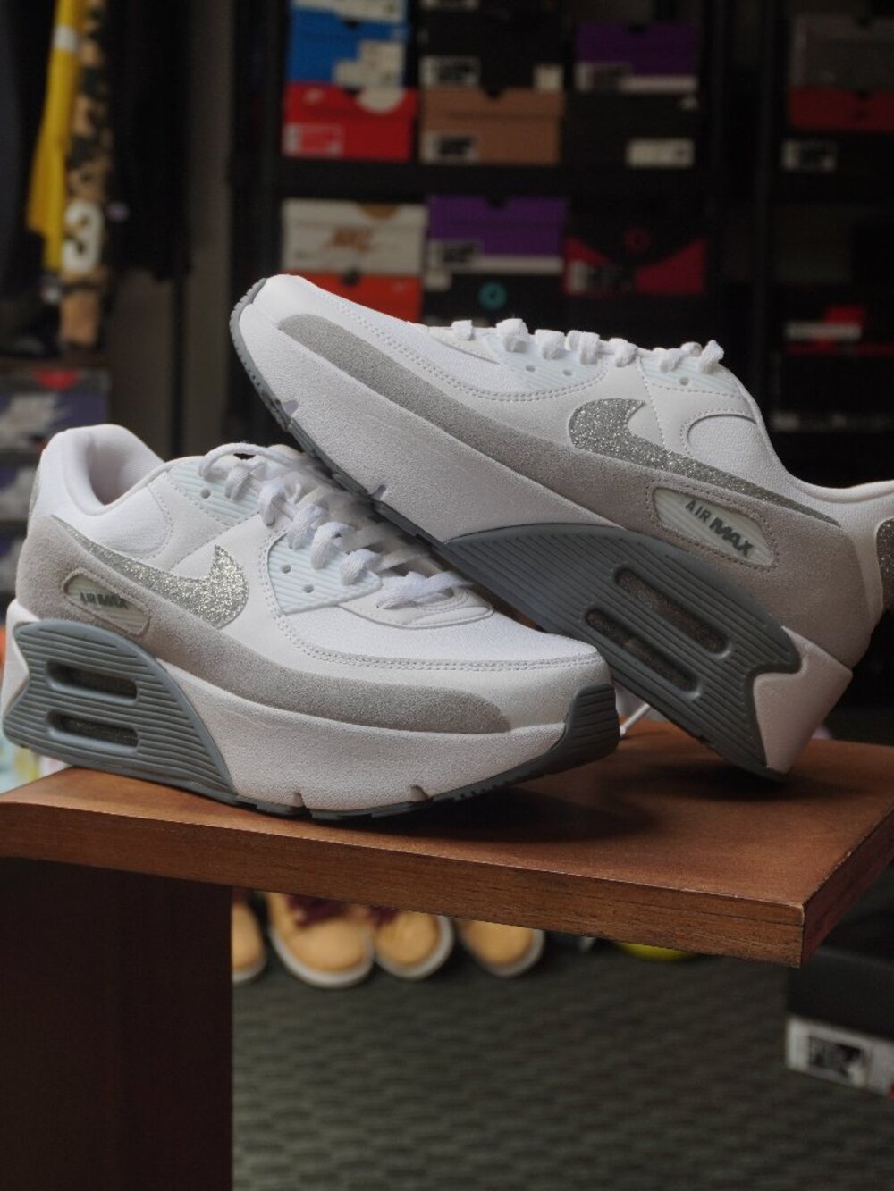Nike Air Max Women's White and Gray Sneakers with Silver Glitter Swoosh